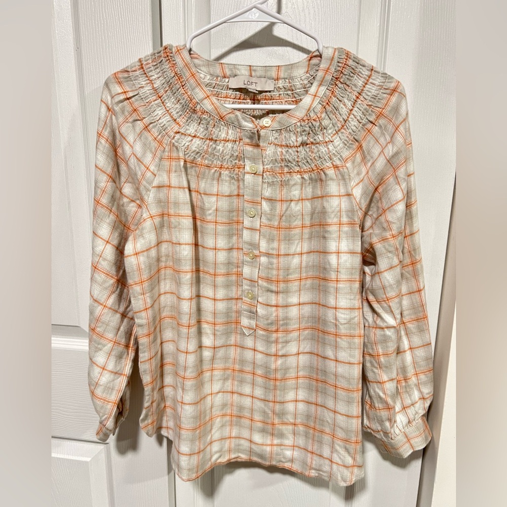 LOFT Plaid smocked Henley blouse